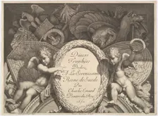 Title page of Divers Trophées (Weapon Trophies after the Façade of Palazzo Milesi in Rome), 1651. Creators: Polidoro da Caravaggio, Rene Lochon