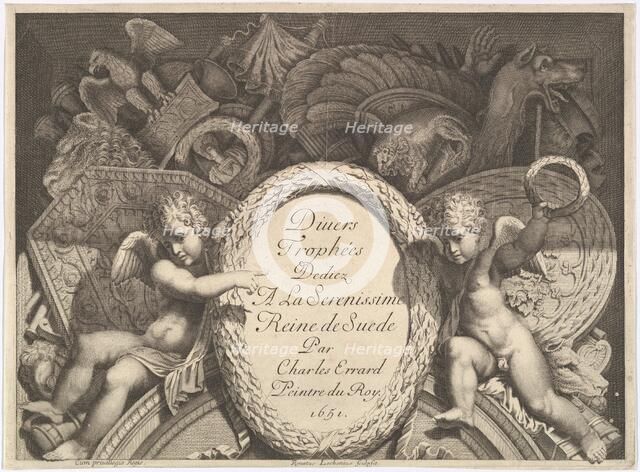 Title page of Divers Trophées (Weapon Trophies after the Façade of Palazzo Milesi in Rome), 1651. Creators: Polidoro da Caravaggio, Rene Lochon.