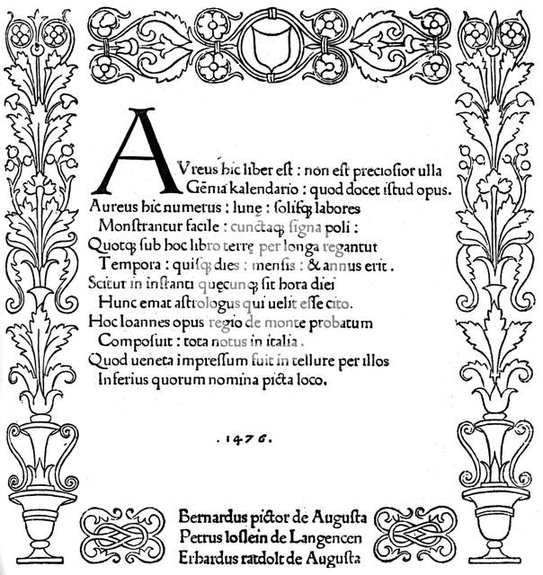 Title page of Kalendarium by Regiomontanus, 1476, (1893). Artist: Unknown