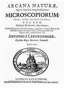 Title page of "Microscopium" by Dutch microscopist Anton van Leeuwenhoek, 1708 Creator: Unknown