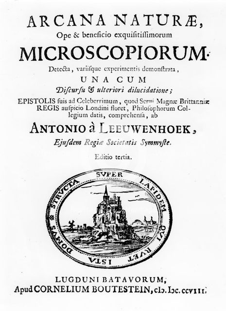 Title page of "Microscopium" by Dutch microscopist Anton van Leeuwenhoek, 1708 Creator: Unknown.