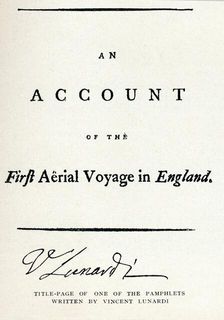 Title-Page of one of the Pamphlets written by Vincent Lunardi 1786, (1910). Artist: Vincenzo Lunardi