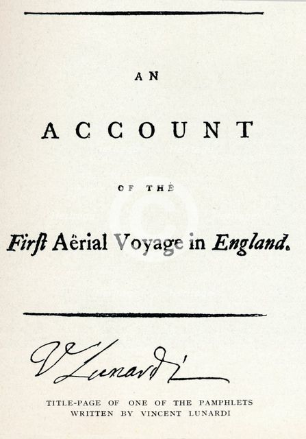 'Title-Page of one of the Pamphlets written by Vincent Lunardi', 1786, (1910). Artist: Vincenzo Lunardi.