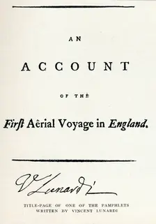 Title-Page of one of the Pamphlets written by Vincent Lunardi 1786, (1910). Artist: Vincenzo Lunardi