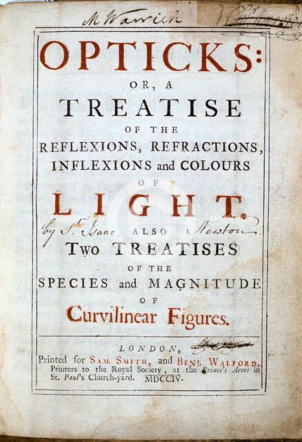 Title page of Opticks by English scientist and mathematician Isaac Newton, 1794. Artist: Unknown