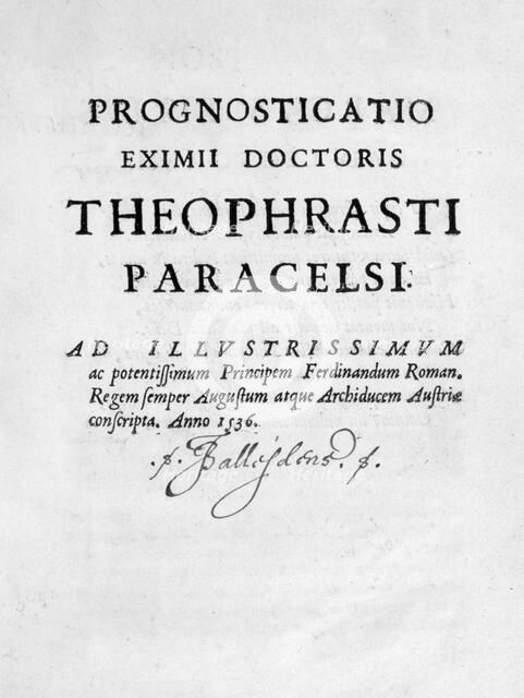 Title page of Prognosticatio Eximii Doctoris Paracelsi, 1536.  Artist: Theophrastus Bombastus von Hohenheim Paracelsus