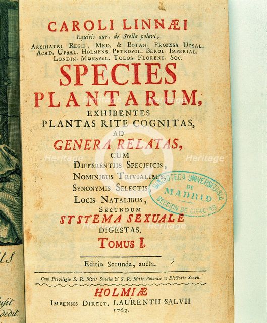 Title page of 'Species plantarum', by Charles Linnaeus, 1762.