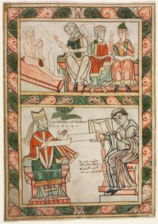 Title Page of St. Gregory's "Moralia": Job Visited by His Three Friends (above)..., c. 1143-1178. Creator: Abbot Frowin (Swiss), probably by