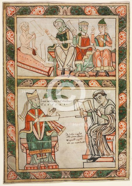 Title Page of St. Gregory's "Moralia": Job Visited by His Three Friends (above)..., c. 1143-1178. Creator: Abbot Frowin (Swiss), probably by.