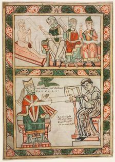 Title Page of St. Gregory's "Moralia": Job Visited by His Three Friends (above)..., c. 1143-1178. Creator: Abbot Frowin (Swiss), probably by