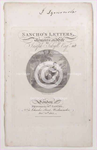 Title Page, "Sancho's Letters, with Memoirs of his Life," by Joseph Jekyll, E..., December 20, 1802. Creator: Francesco Bartolozzi.