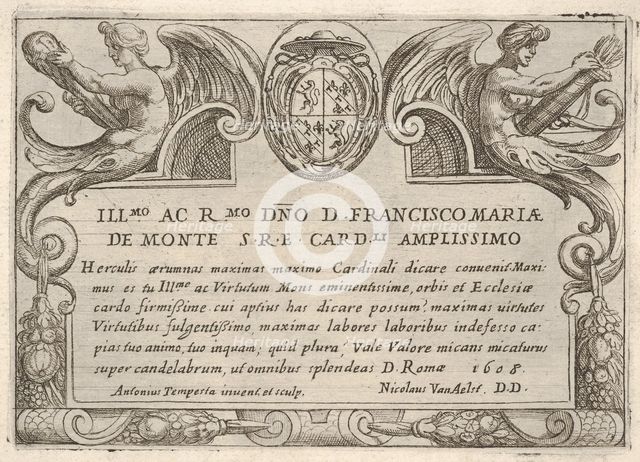Title plate for the series 'The Labors of Hercules' with the arms of Cardinal Francesco Ma..., 1608. Creator: Antonio Tempesta.