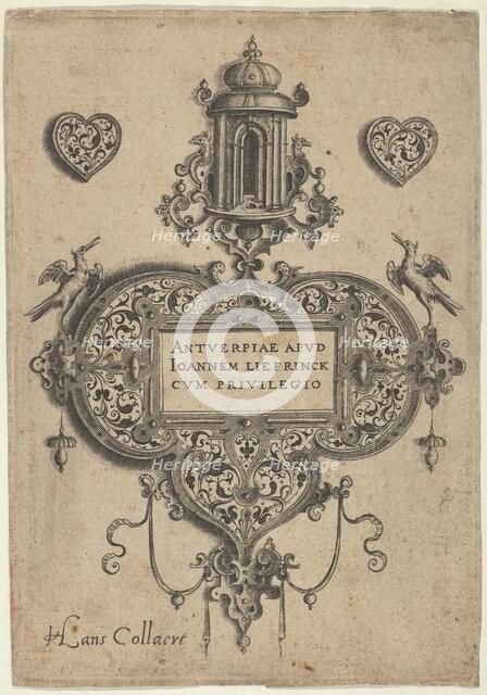 Title Plate, from Pendant Designs with Architectural Elements and Vegetal-Arabesque..., before 1573. Creator: Jan Collaert I.