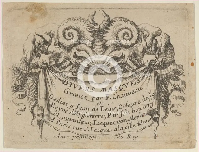 Title Plate with Two Satyr Heads, from Divers Masques, ca. 1635-45. Creator: Francois Chauveau.
