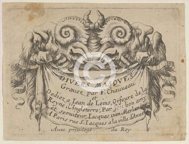 Title Plate with Two Satyr Heads, from Divers Masques, ca. 1635-45. Creator: Francois Chauveau.