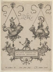 Title Plate with Two Pendant Designs Above and Neptune Standing on a Cartouche Below, 1582. Creator: Adriaen Collaert