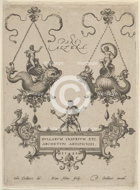 Title Plate with Two Pendant Designs Above and Neptune Standing on a Cartouche Below, 1582. Creator: Adriaen Collaert.