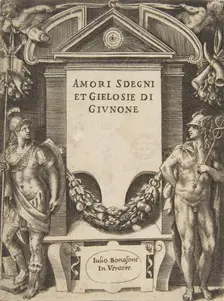 Title plate to the series the Loves, Rages and Jealousies of Juno 1531-76. Creator: Giulio Bonasone