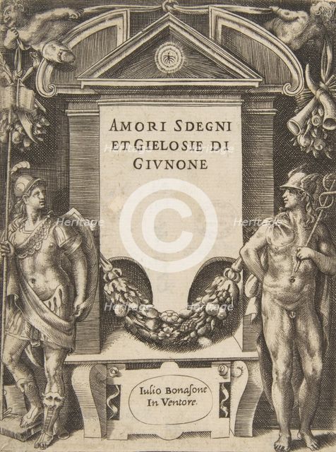 Title plate to the series the 'Loves, Rages and Jealousies of Juno', 1531-76. Creator: Giulio Bonasone.