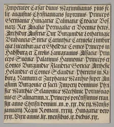 Titles of Emperor Maximilian, from Historical Scenes from the Life of Emperor..., printed c. 1520. Creator: Benedictus Chelidonius