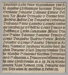 Titles of Emperor Maximilian, from Historical Scenes from the Life of Emperor..., printed c. 1520. Creator: Benedictus Chelidonius