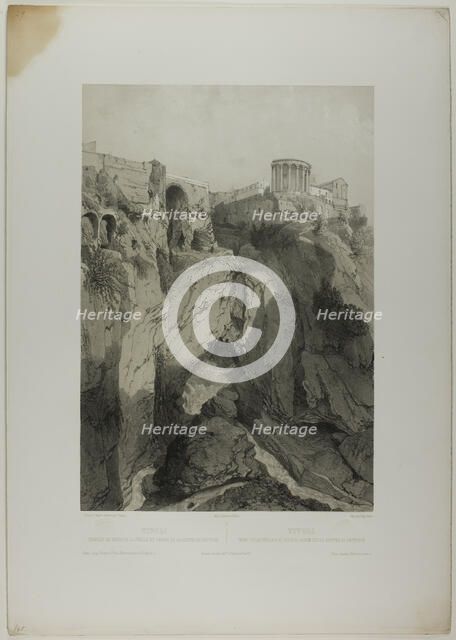 Tivoli: The Temples of Vesta and the Sibyl, and Ruins of the Grotto of Neptune, plate..., c. 1848. Creators: Eugene Ciceri, Nicolas-Marie-Joseph Chapuy.
