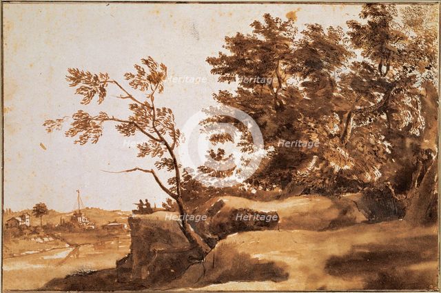 Tiber Landscape with Castel Sant'Angelo in the Background, Between 1630 and 1640. Artist: Lorrain, Claude (1600-1682)