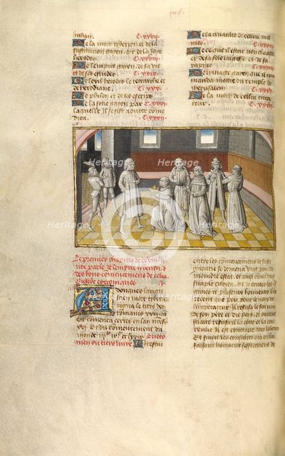 Tiberius Receiving the Crown from the Senators; Miroir Historial, about 1475. Creator: Unknown.