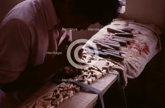 Tibetan refugee wood carving project, Dharamsala, India, 1988. Creator: Amanda Waite.