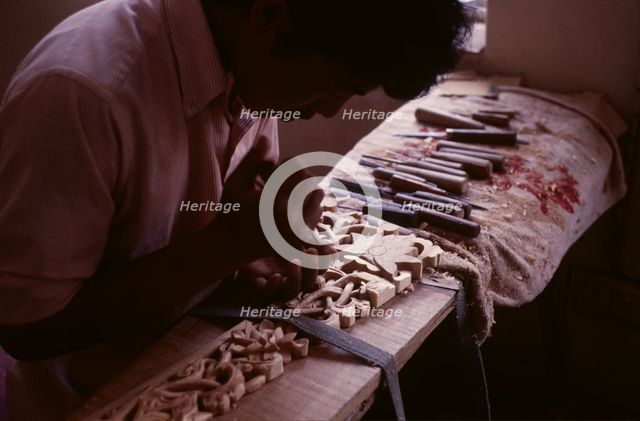 Tibetan refugee wood carving project, Dharamsala, India, 1988. Creator: Amanda Waite.