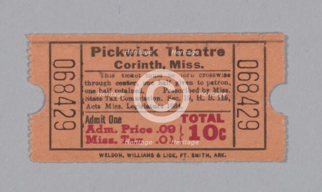 Ticket for the Pickwick Theatre, ca. 1940. Creator: Unknown.