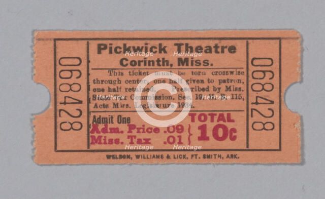 Ticket for the Pickwick Theatre, ca. 1940. Creator: Unknown.