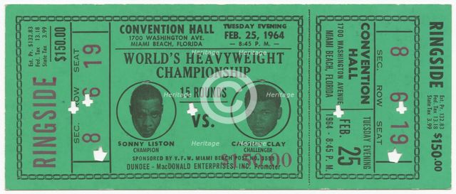 Ticket for World Heavyweight Championship fight of Sonny Liston vs. Cassius Clay, Feburary 25, 1964. Creator: Unknown.