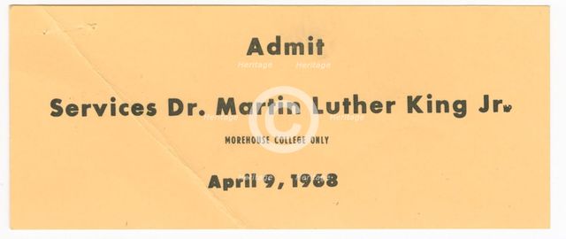 Ticket for funeral services for Martin Luther King, Jr. owned by Nina Simone, April 9, 1968. Creator: Unknown.