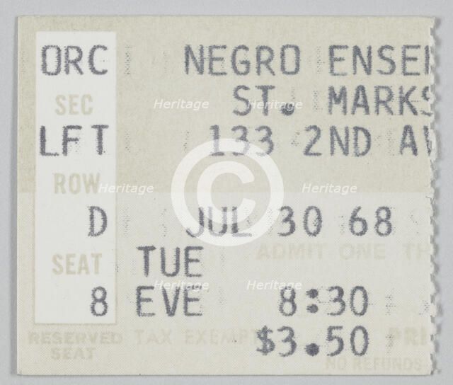 Ticket stub for Song of the Lusitanian Bogey and Daddy Goodness, July 30, 1968. Creator: Unknown.