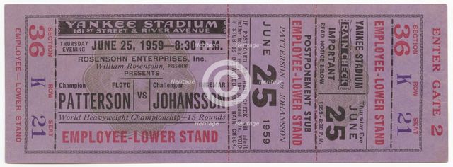 Ticket to a boxing match between Floyd Patterson and Ingemar Johansson, June 25, 1959. Creator: Unknown.