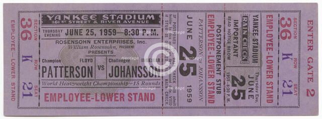 Ticket to a boxing match between Floyd Patterson and Ingemar Johansson, June 25, 1959. Creator: Unknown.