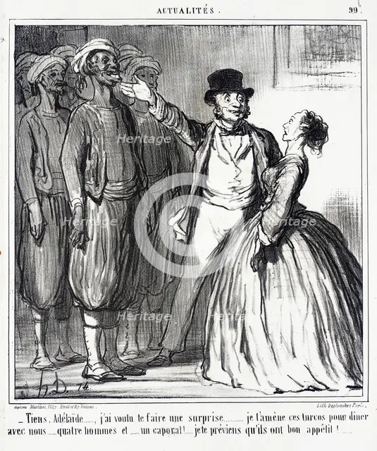 Tiens, Adélaïde...j'ai voulu te faire une surprise.., 1859. Creator: Honore Daumier.