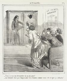 Tiens! Je vais lui demander de m'attacher! -Lui demande donc pas l'impossible! Des femme..., 1865. Creator: Cham