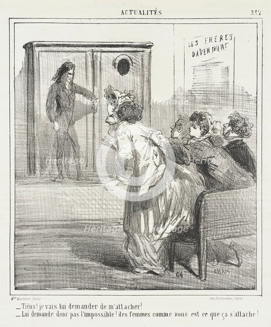 Tiens! Je vais lui demander de m'attacher! -Lui demande donc pas l'impossible! Des femme..., 1865. Creator: Cham.