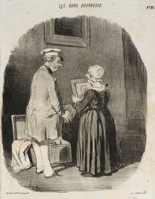 Tiens, ma femme, v'là mon portrait au Daguerrèotype que je te rapporte de Paris..., 1846. Creator: Honore Daumier