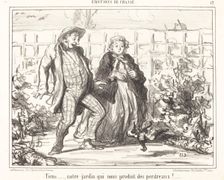Tiens...., notre jardin qui nous produit des perdreaux!, 1857. Creator: Honore Daumier
