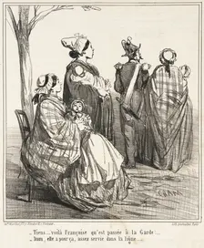 Tiens...Voilà Françoise qu'est passée à la Guarde!...-Dam, elle a pour ça, assez servi... 1860. Creator: Cham