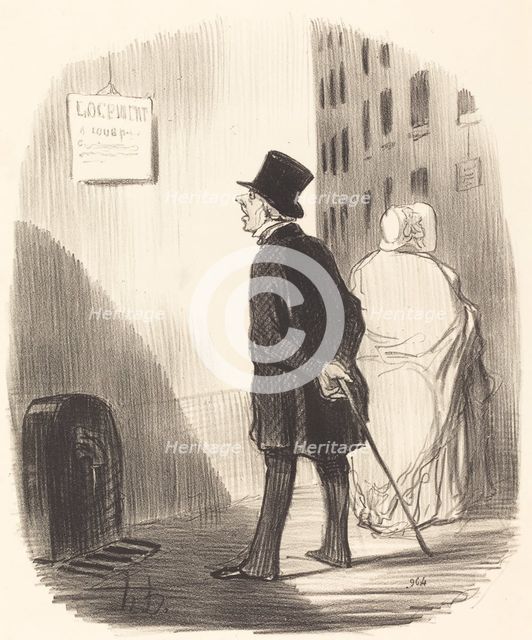 Tiens, voilà un écriteau que ma femme a passé..., 1848. Creator: Honore Daumier.