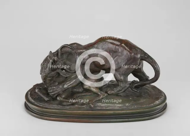 Tiger Attacking a Stag, model c. 1835, cast by 1873. Creator: Antoine-Louis Barye.