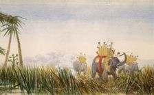 Tiger attacking an elephant; part of the London to Hong Kong Panorama. Creator: Unknown