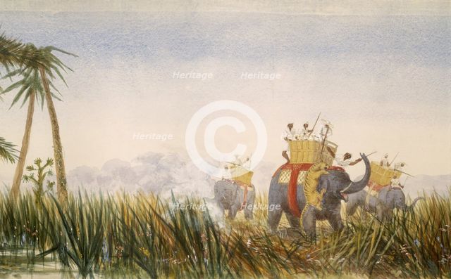 Tiger attacking an elephant; part of the London to Hong Kong Panorama. Creator: Unknown.