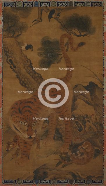 Tiger with cubs and magpies, 15th century. Creator: Unknown.