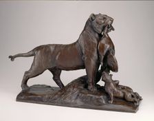 Tigress Carrying a Peacock to her Cubs, c1880. Creator: Auguste-Nicolas Cain