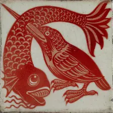 Tile with kingfisher with beak through fish, 1882-1888. Artist: William Frend De Morgan